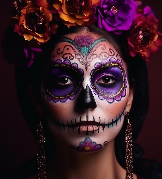 Una mujer con flores moradas en la cara.