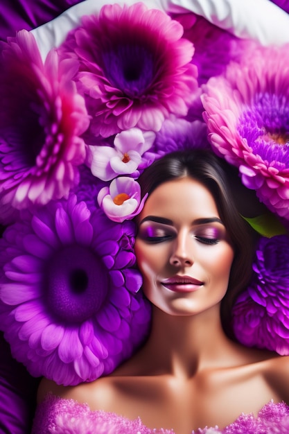 Una mujer con flores moradas en la cara.