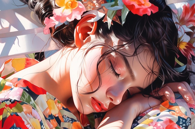 Una mujer con flores en el pelo está acostada en una cama con un patrón floral.