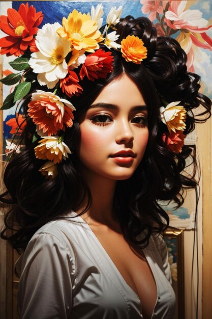 Una mujer con flores en el pelo está parada frente a un cuadro de una mujer con flores.