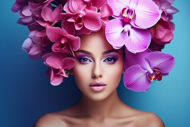 Mujer con flores en el pelo y maquillaje morado en la cara IA generativa