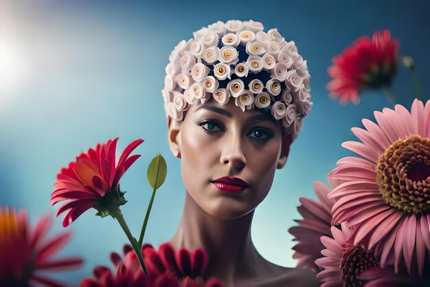 una mujer con flores en el pelo y un sombrero que dice "flores".
