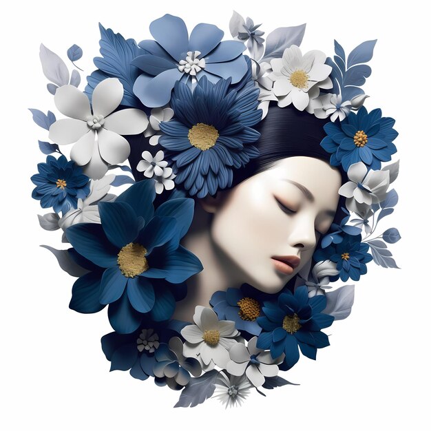 mujer flores plateadas sombrero azul con flores cabeza ilustración impresionante porcelana maniquíes japoneses