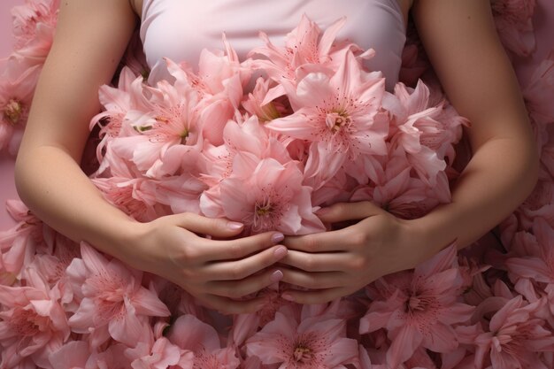 Foto mujer con flores rosas