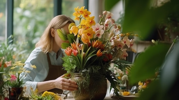 Mujer florista preparando un ramo de flores