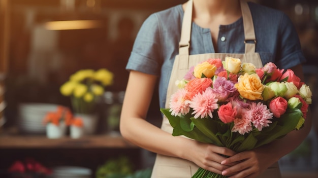 Una mujer florista sostiene una canasta de flores en sus manos