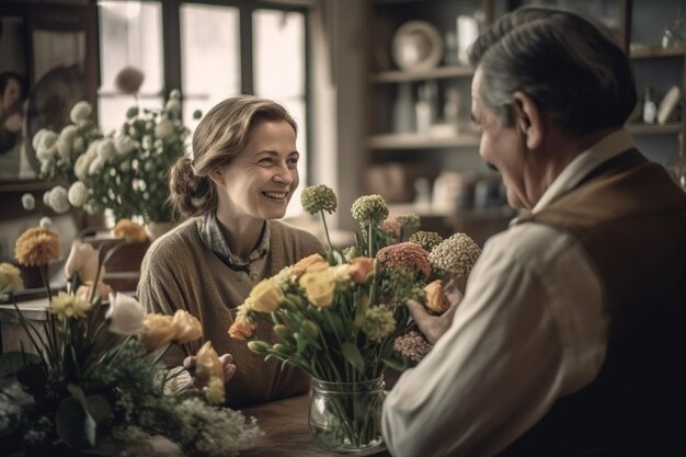 Una mujer en una floristería está comprando flores.