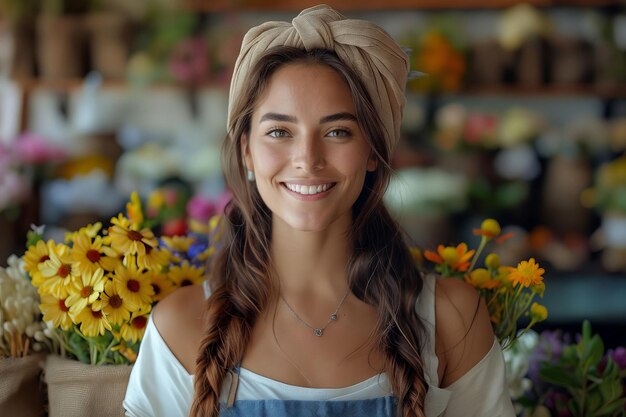 Una mujer en una floristería sonriendo