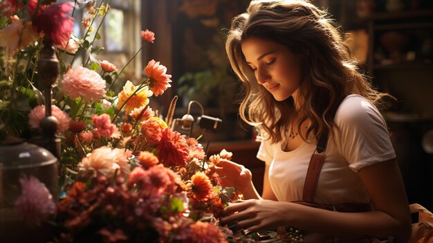 mujer en una floristería