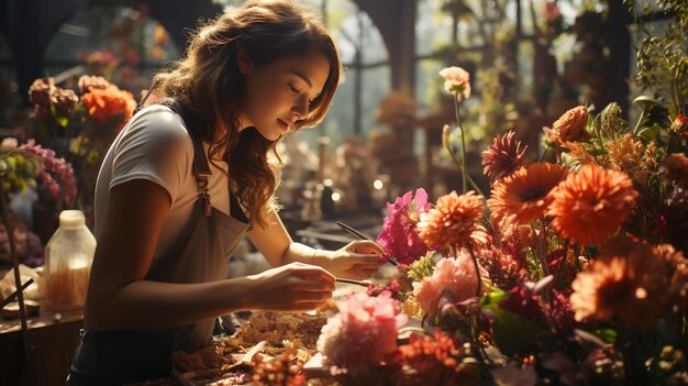 mujer en una floristería