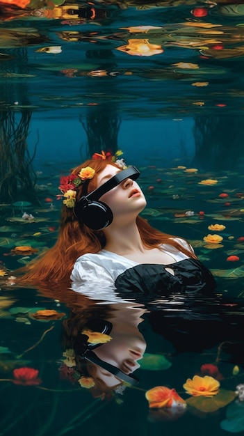 Una mujer flotando en el agua con auriculares en la cabeza.