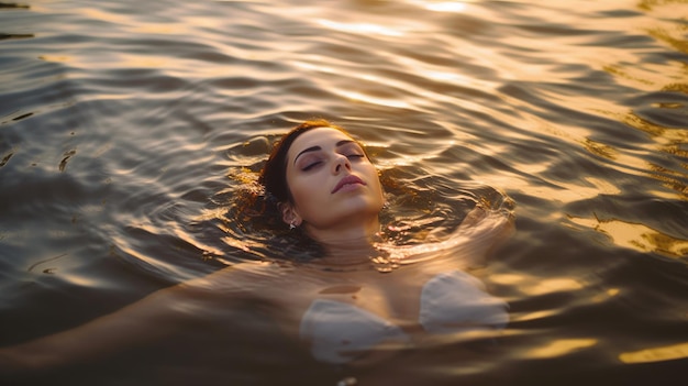 Mujer flotando en el agua con los ojos cerrados