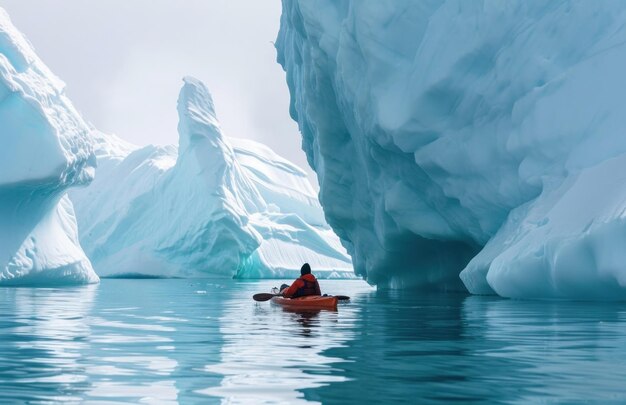 Foto una mujer está flotando en una canoa bajo icebergs