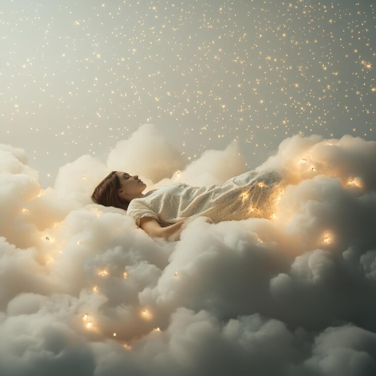 Mujer flotando pacíficamente en las nubes rodeada de luces brillantes en una atmósfera de ensueño