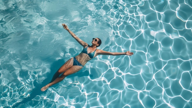 Mujer flotando en la piscina de un hotel