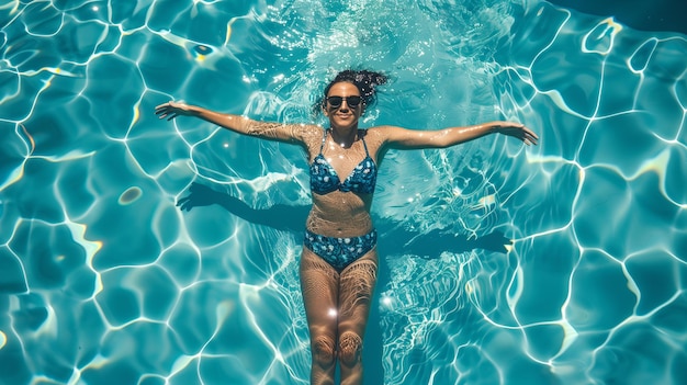 Foto mujer flotando en la piscina de un hotel