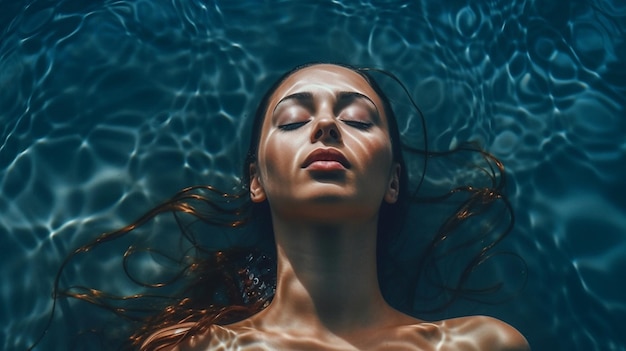 Una mujer flotando en una piscina con los ojos cerrados.