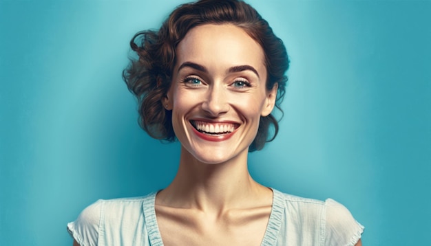 Una mujer con un fondo azul y una sonrisa.