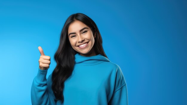 La mujer de fondo azul sostiene un pulgar hacia arriba como señal de aprobación