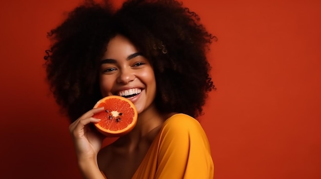 Una mujer con un fondo naranja sosteniendo una toronja