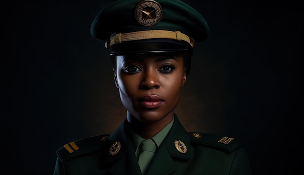 mujer con fondo negro en uniforme militar al estilo de la influencia africana