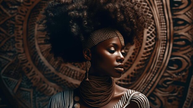 Una mujer con un fondo de pared con un patrón de patrones africanos