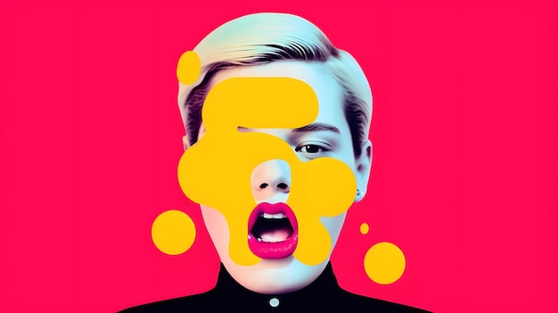 Una mujer con un fondo rojo y círculos amarillos alrededor de su rostro.