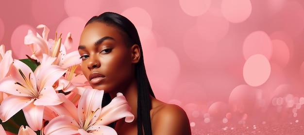 Una mujer de fondo rosa con una flor en la mano.