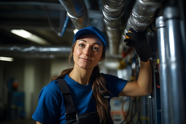 Mujer fontanero interior trabajando cerca de tuberías metálicas femal Generative Ai