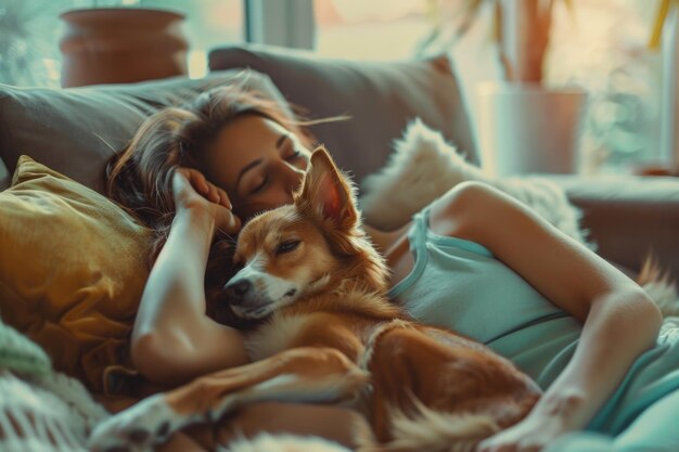 Foto una mujer en forma disfruta del tiempo con perros mestizos en la sala de estar.