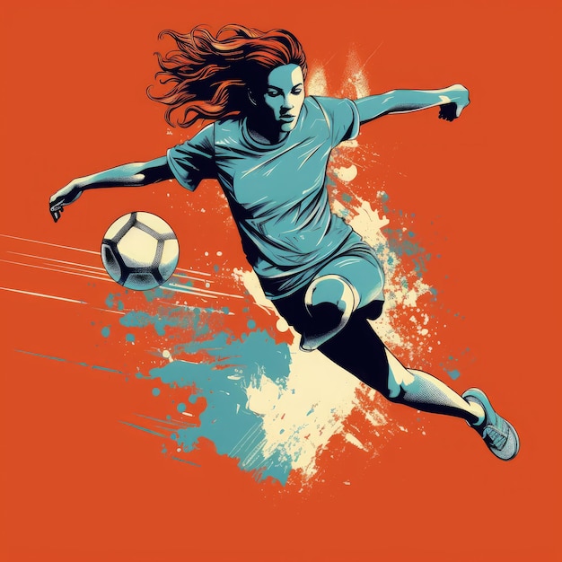 Mujer en forma de tiro completo pateando arte de vector plano de fútbol AI generado