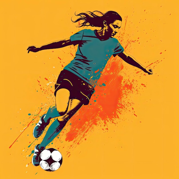 Mujer en forma de tiro completo pateando arte de vector plano de fútbol AI generado