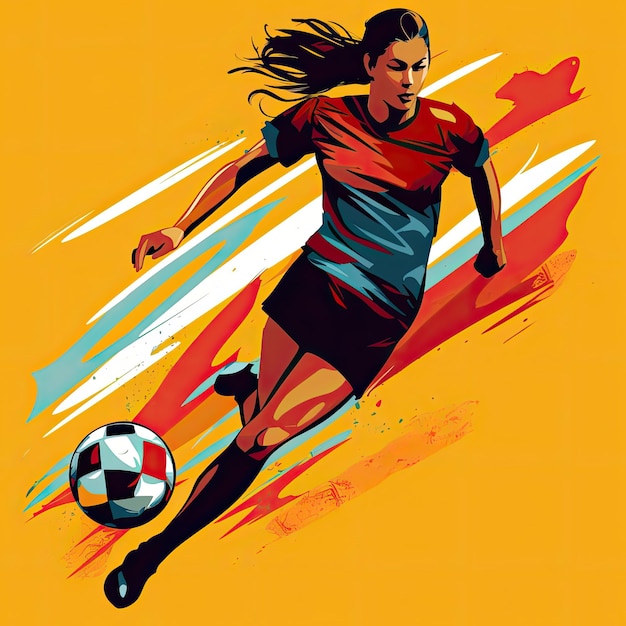 Mujer en forma de tiro completo pateando arte de vector plano de fútbol AI generado