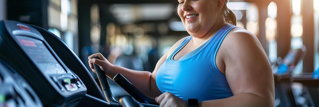 Mujer en forma usando una cinta de correr en un gimnasio Fotografía de ejercicio en interiores para la salud