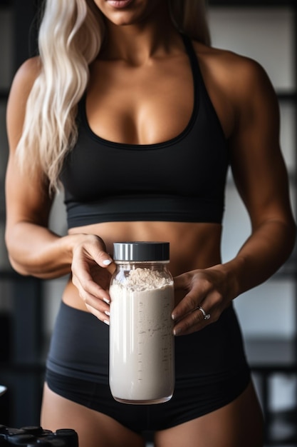 Foto mujer en forma usando una cuchara para hacer batidos de proteínas generada por ia