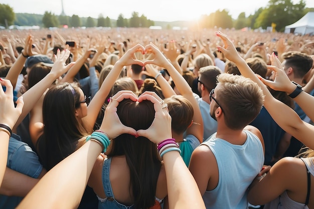 Foto mujer formando la forma de un corazón con las manos en la multitud en el festival de música de verano