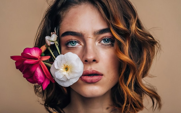 Mujer en la foto con flores