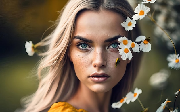 Mujer en la foto con flores