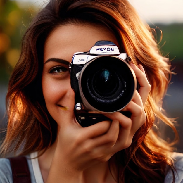 mujer fotógrafa con cámara sonriendo