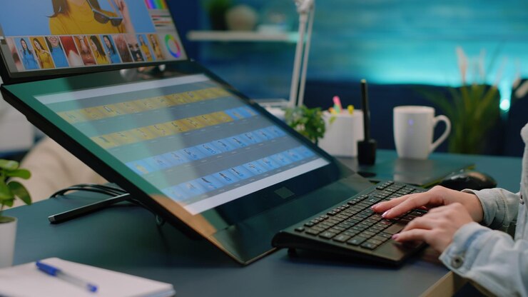 Foto mujer fotógrafa que trabaja con la aplicación de edición en una computadora de pantalla táctil en el lugar de trabajo. diseñador gráfico que utiliza tecnología, equipos y software de retoque para la producción de medios. edición de fotografía
