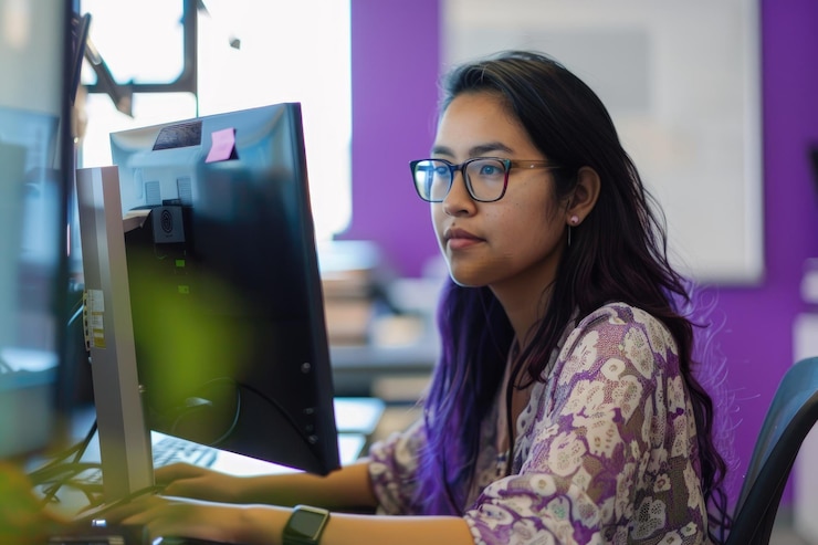 Foto una mujer de fotografía real agencia de servicio de parada una para el desarrollo de web3 púrpura temática en la oficina de tecnología ar