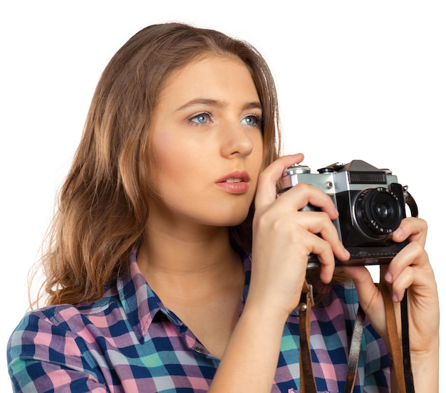 Mujer fotógrafo con cámara