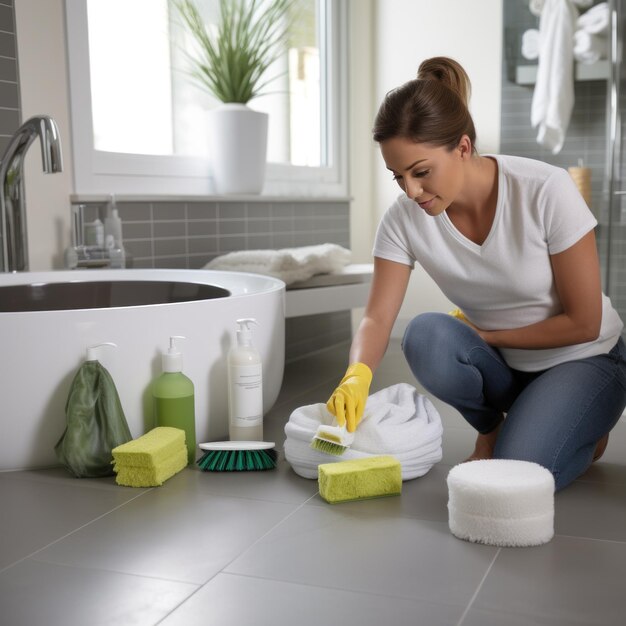 Una mujer fregando una bañera con una esponja y un limpiador