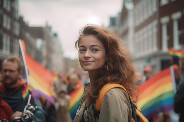 Una mujer se para frente a una bandera del arcoíris.