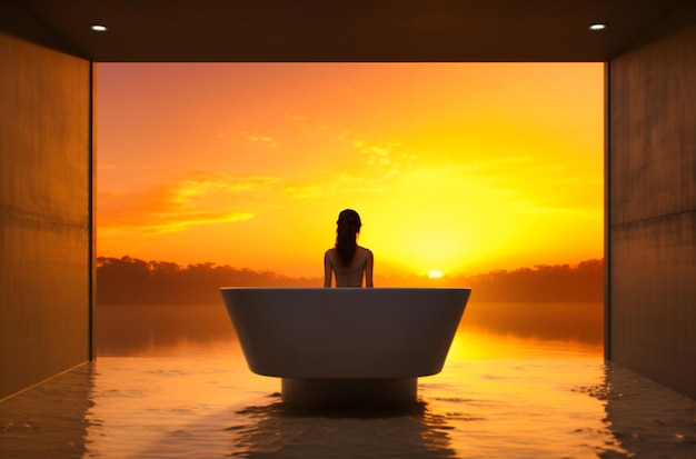 Foto la mujer se para frente a una bañera al amanecer.