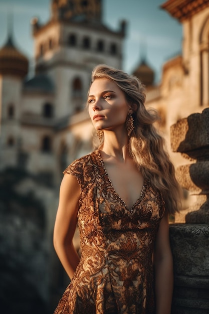 Una mujer se para frente a un castillo con un vestido dorado.