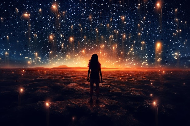 Una mujer se para frente a un cielo estrellado con las palabras fuego.