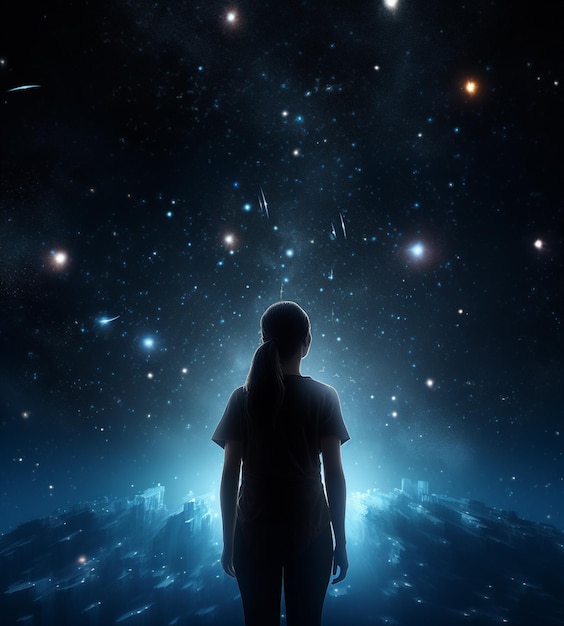 Una mujer se para frente a un cielo estrellado.