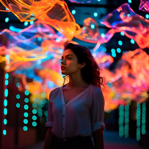 Una mujer se para frente a una colorida exhibición de luces de neón.