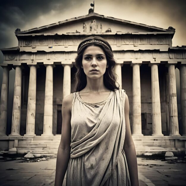 Foto una mujer frente a un edificio con columnas en el fondo